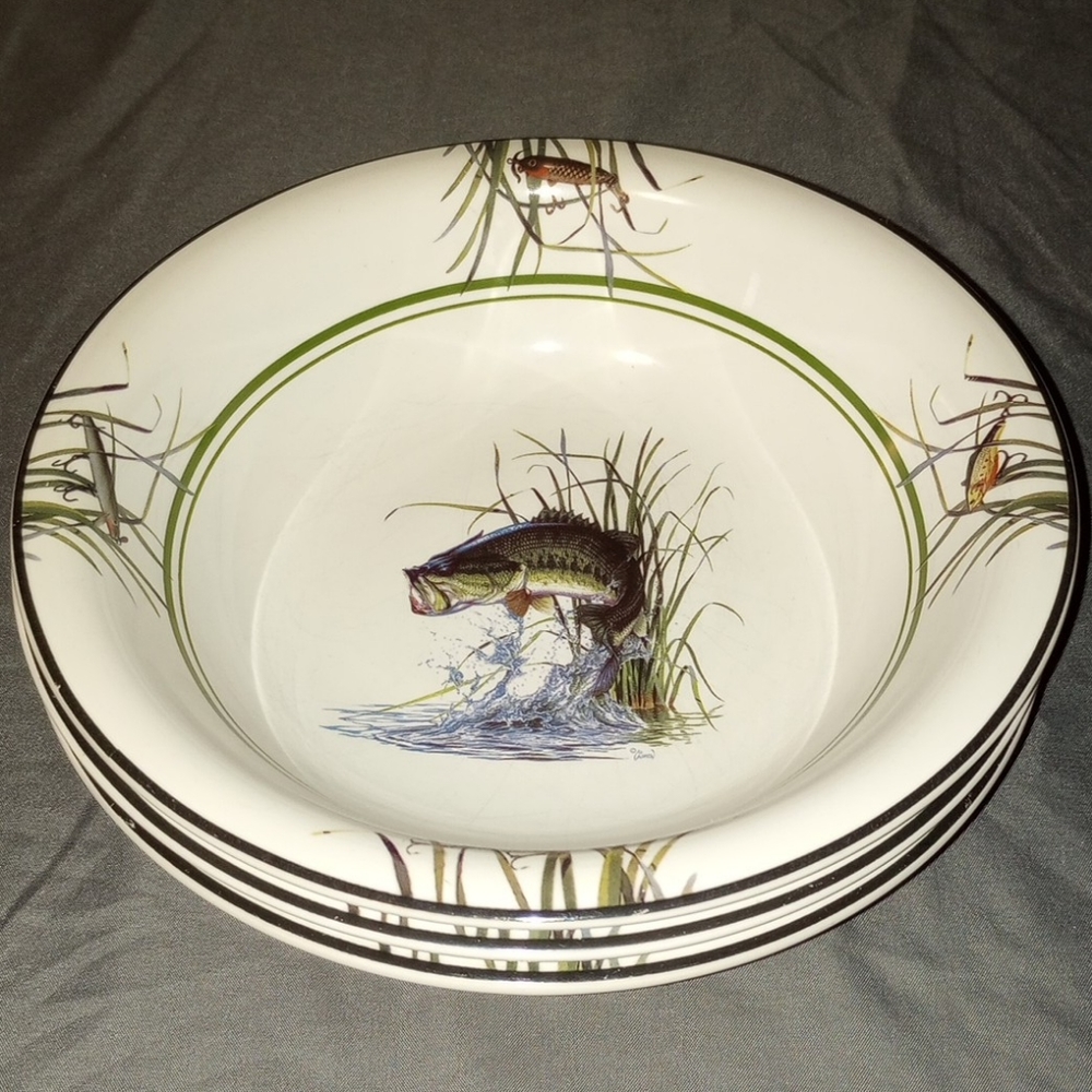 Bass Pro Shops Large Mouth Bass Soup Cereal Bowls Set of 3 Al Agnew